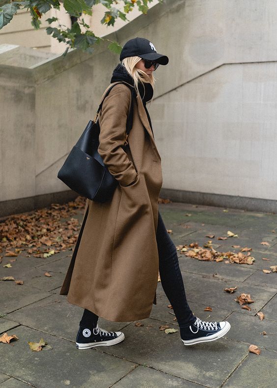 trench coat and sweatshirt