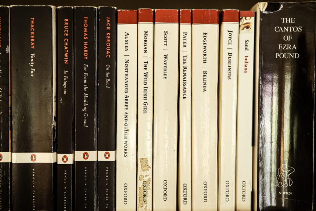 classic penguin books on bookshelf