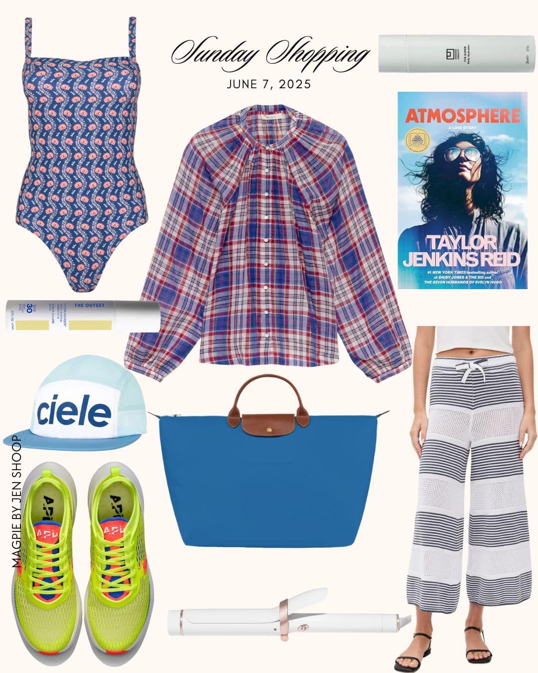 summer shopping collage with doen plaid blouse, minnow swimsuit, and longchamp tote