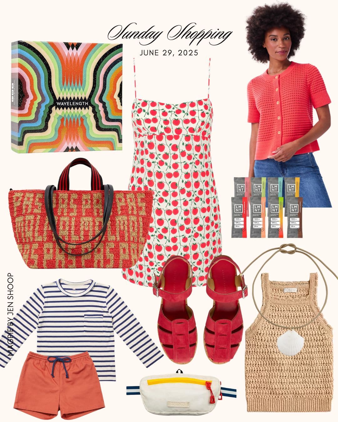 summer shopping collage with red and crochet